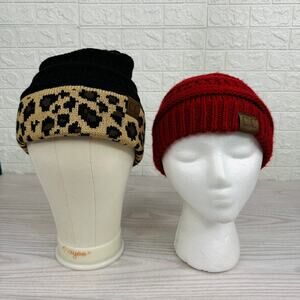 C.C Beanie Bundle 2 Hats Cable Knit Winter Cuffed Chunky Black Leopard Red Cap